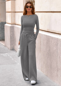 PRETTYGARDEN Women's 2 Piece Lounge Sets Fall Fashion Long Sleeve Crop Top Wide Leg Pants Matching Sets Clothing