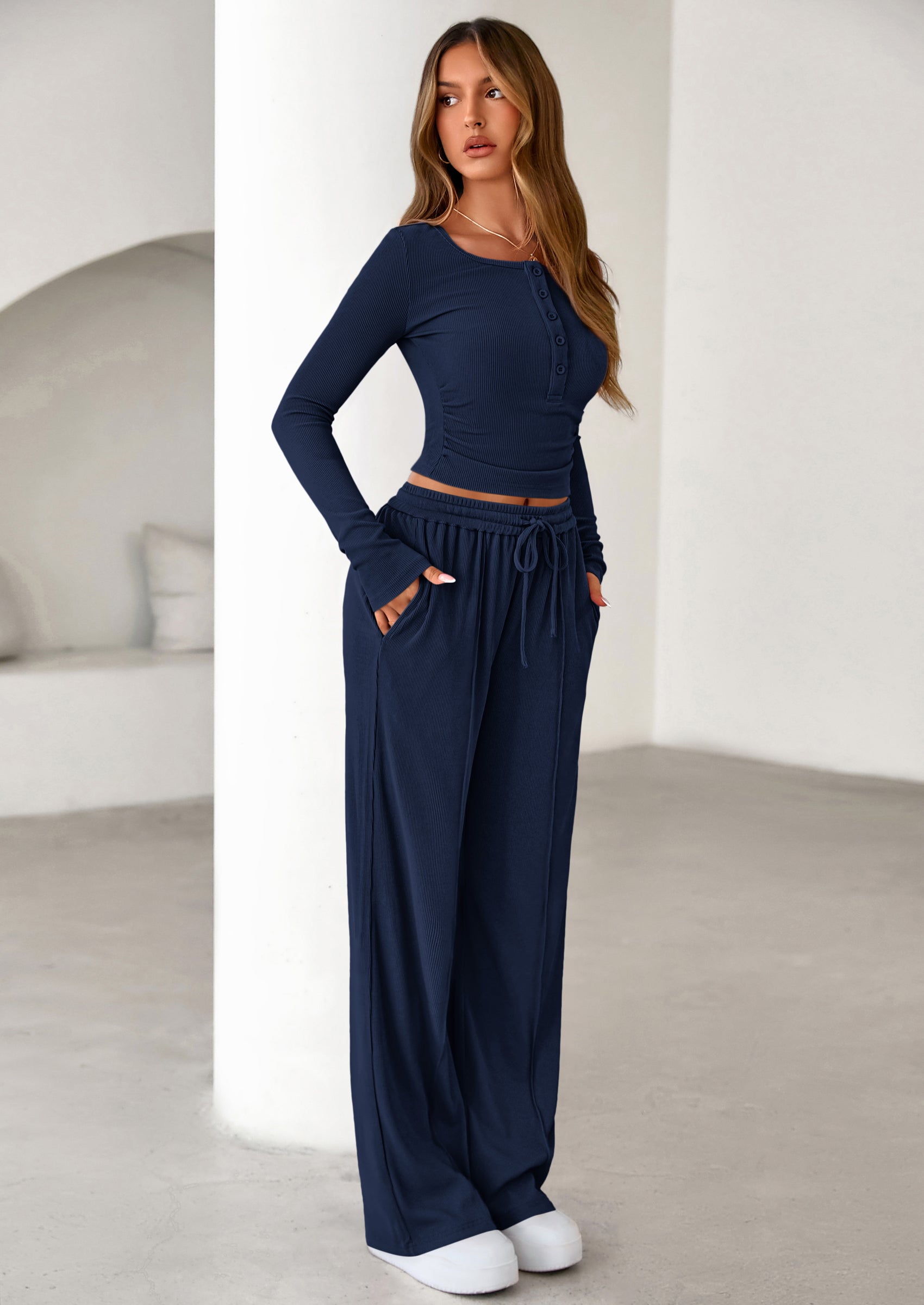 PRETTYGARDEN Women's Fall Trendy 2 Piece Outfits Lounge Sets Long Sleeve Top Henley Shirts Wide Leg Pants Travel Clothes