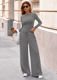 PRETTYGARDEN Women's 2 Piece Lounge Sets Fall Fashion Long Sleeve Crop Top Wide Leg Pants Matching Sets Clothing