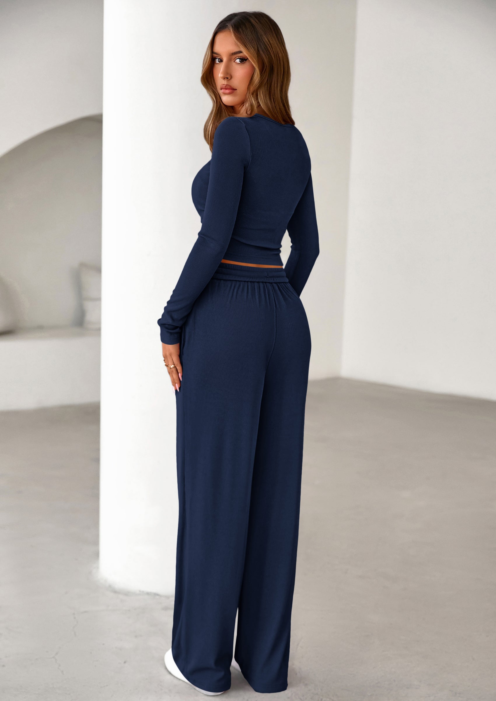 PRETTYGARDEN Women's Fall Trendy 2 Piece Outfits Lounge Sets Long Sleeve Top Henley Shirts Wide Leg Pants Travel Clothes