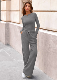 PRETTYGARDEN Women's 2 Piece Lounge Sets Fall Fashion Long Sleeve Crop Top Wide Leg Pants Matching Sets Clothing