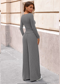 PRETTYGARDEN Women's 2 Piece Lounge Sets Fall Fashion Long Sleeve Crop Top Wide Leg Pants Matching Sets Clothing