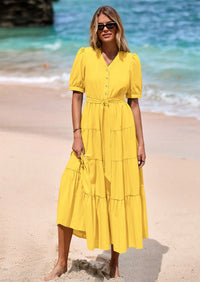 PRETTYGARDEN Women's Midi Dress Casual Short Sleeve V Neck Buttons Belted Ruffle A Line Flowy Dress with Pockets