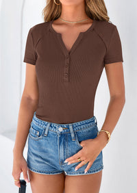 PRETTYGARDEN Womens Summer Short Sleeve Tops Spring Casual V Neck Henley Button Up T Shirts Dressy Ribbed Knit Blouses PRETTYGARDEN