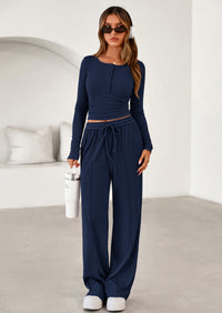 PRETTYGARDEN Women's Fall Trendy 2 Piece Outfits Lounge Sets Long Sleeve Top Henley Shirts Wide Leg Pants Travel Clothes