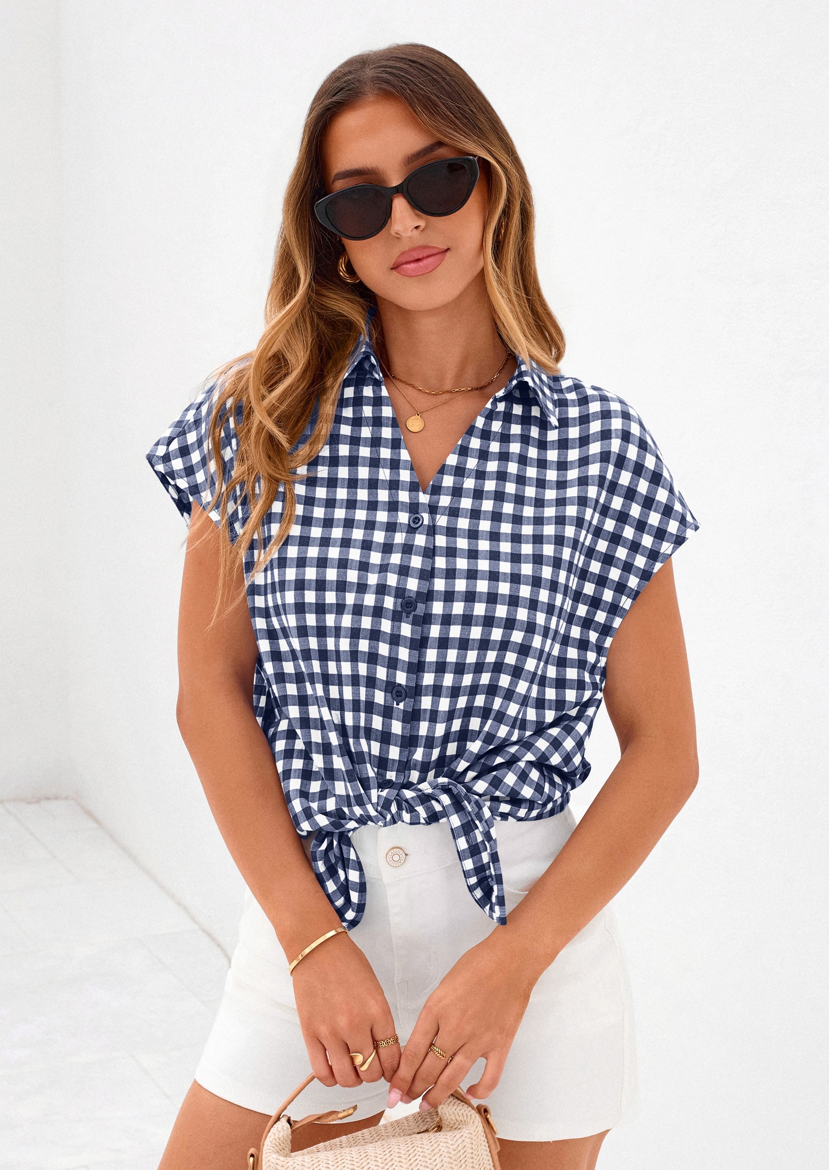 PRETTYGARDEN Womens Button Dwon Shirts V Neck Short Cap Sleeve Collared Plaid Tops Summer Spring Casual Blouses Clothes PRETTYGARDEN