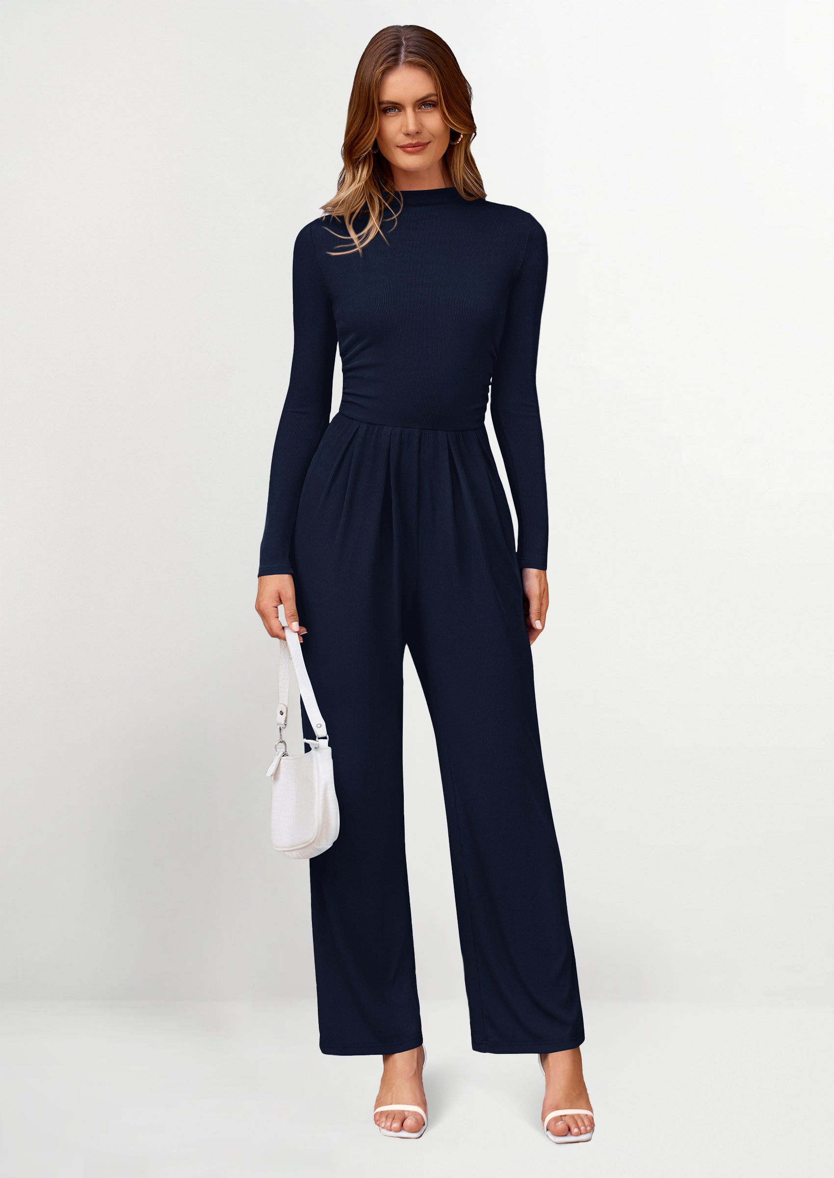 PRETTYGARDEN Dressy Casual Fashion Outfits Long Sleeve Mock Neck Wide Leg Pants Rompers