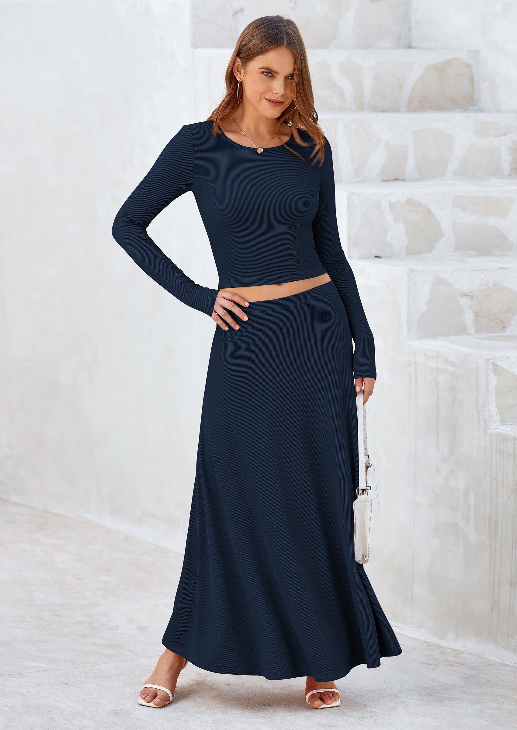 PRETTYGARDEN 2 Piece Casual Ribbed Knit Long Sleeve Crop Tops Maxi Flowy Skirts Matching Sets