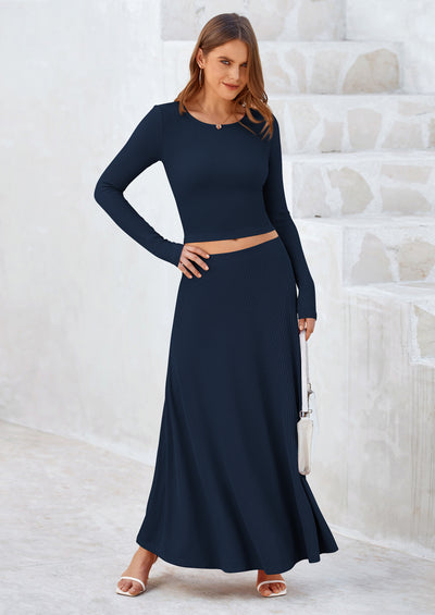 PRETTYGARDEN 2 Piece Casual Ribbed Knit Long Sleeve Crop Tops Maxi Flowy Skirts Matching Sets