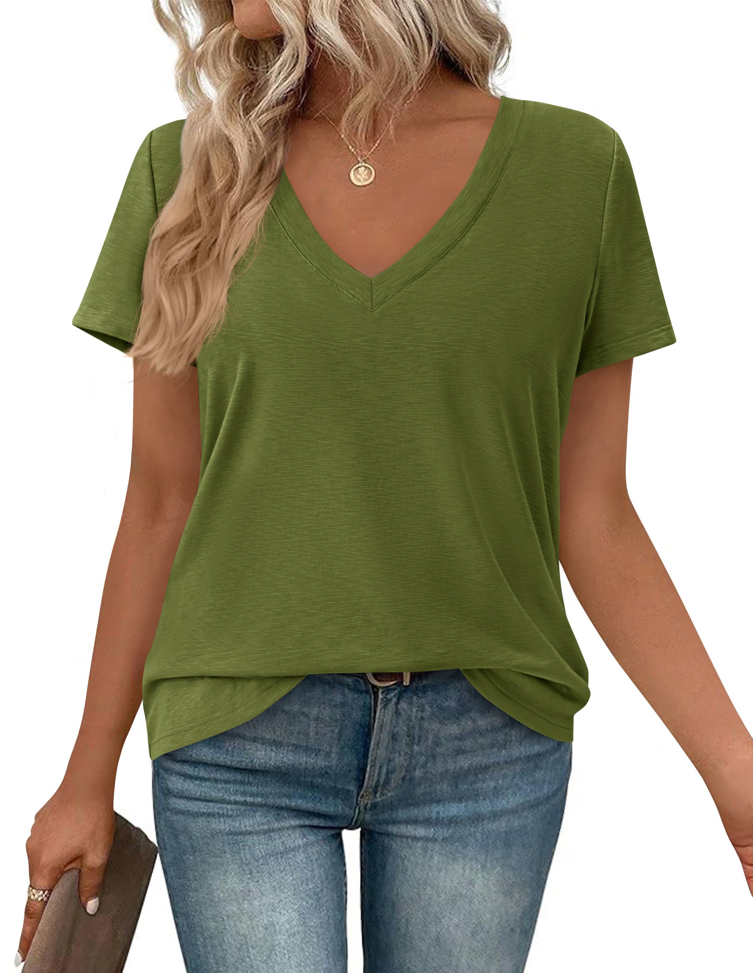 PRETTYGARDEN Women's V Neck T Shirts Summer Short Sleeve Spring Going Out Tops Casual Loose Fit Basic Tees Beach Clothes PRETTYGARDEN