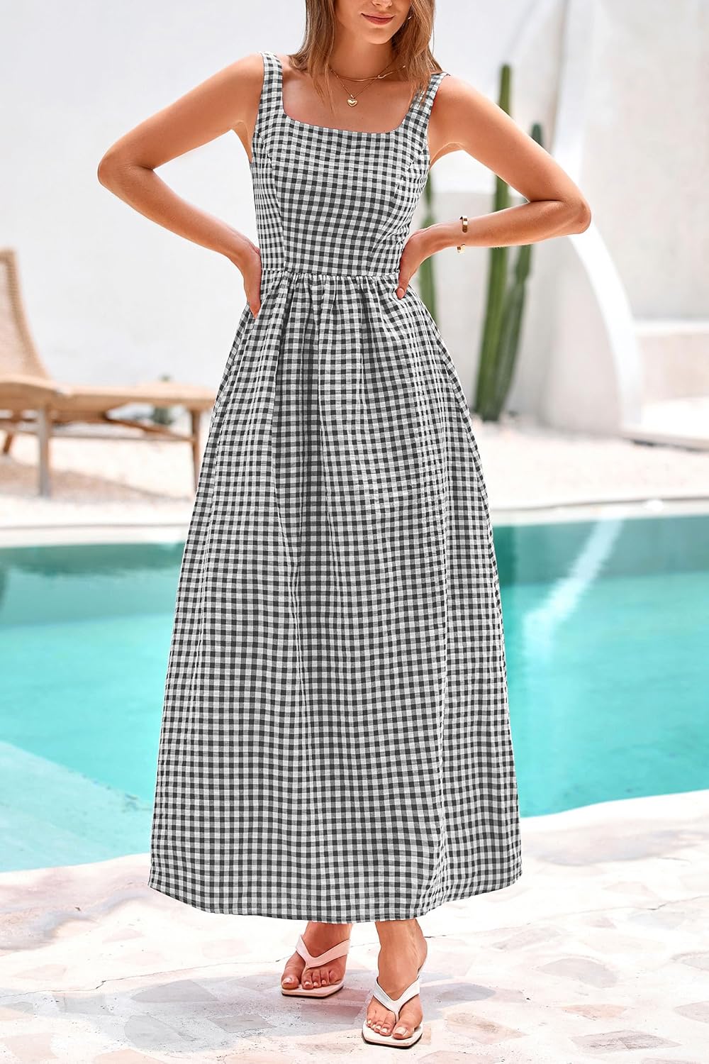 Women's Summer Spaghetti Strap Maxi Dresses Plaid Square Neck A Line Smocked Casual Vacation Long Sundress