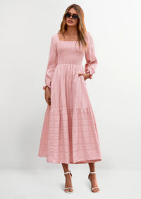 BTFBM Women Maxi Fall Dresses Long Sleeve Solid Color Square Neck Smocked Boho Long Wedding Guest Dress