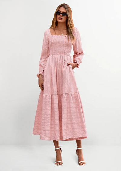 BTFBM Women Maxi Fall Dresses Long Sleeve Solid Color Square Neck Smocked Boho Long Wedding Guest Dress