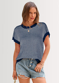 PRETTYGARDEN Womens Short Sleeve Sweater Spring Summer Round Neck Striped Pullover Cap Sleeve Knit Sweater Vest Tops