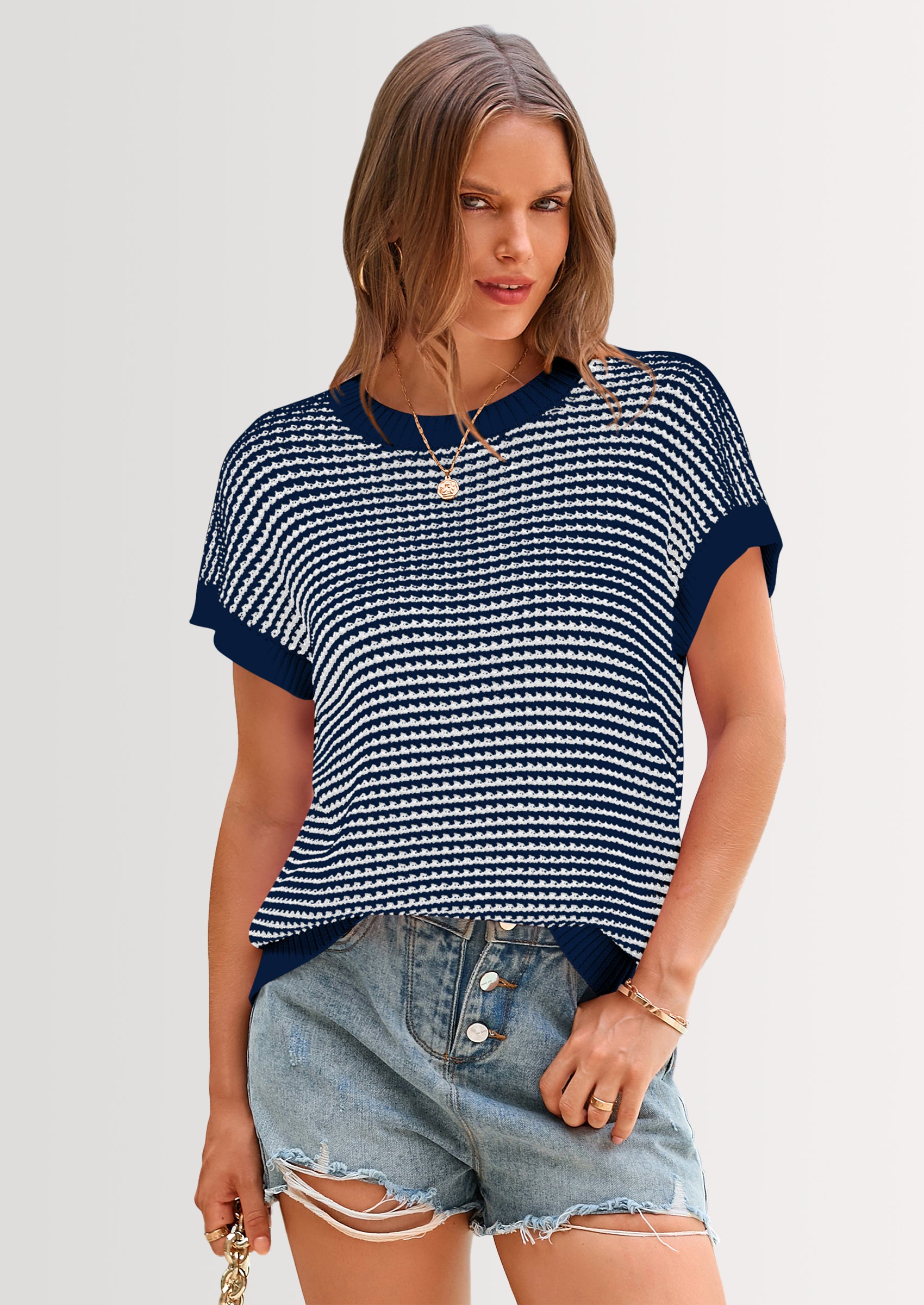 PRETTYGARDEN Womens Short Sleeve Sweater Spring Summer Round Neck Striped Pullover Cap Sleeve Knit Sweater Vest Tops