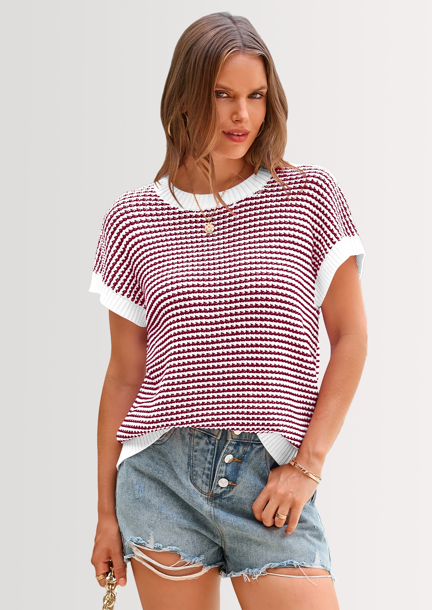 PRETTYGARDEN Womens Short Sleeve Sweater Spring Summer Round Neck Striped Pullover Cap Sleeve Knit Sweater Vest Tops