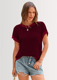 PRETTYGARDEN Womens Short Sleeve Sweater Spring Summer Round Neck Striped Pullover Cap Sleeve Knit Sweater Vest Tops