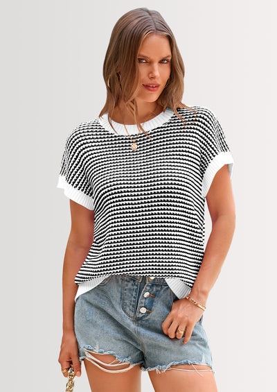 PRETTYGARDEN Womens Short Sleeve Sweater Spring Summer Round Neck Striped Pullover Cap Sleeve Knit Sweater Vest Tops