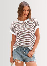 PRETTYGARDEN Womens Short Sleeve Sweater Spring Summer Round Neck Striped Pullover Cap Sleeve Knit Sweater Vest Tops