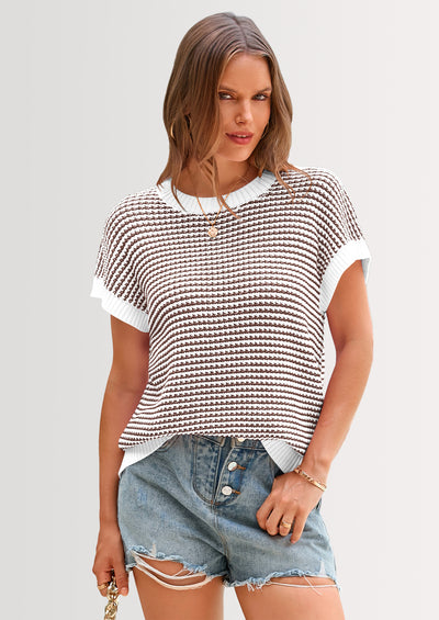 PRETTYGARDEN Womens Short Sleeve Sweater Spring Summer Round Neck Striped Pullover Cap Sleeve Knit Sweater Vest Tops