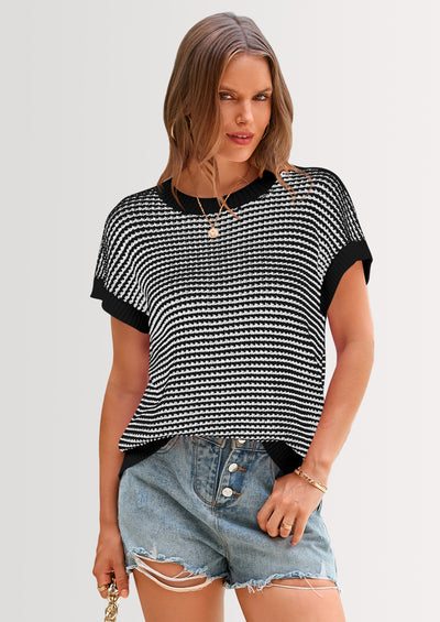 PRETTYGARDEN Womens Short Sleeve Sweater Spring Summer Round Neck Striped Pullover Cap Sleeve Knit Sweater Vest Tops