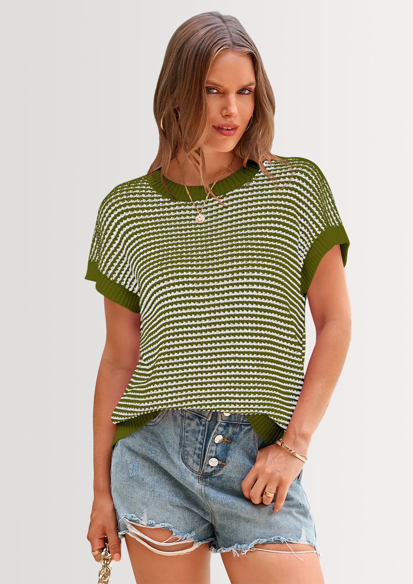 PRETTYGARDEN Womens Short Sleeve Sweater Spring Summer Round Neck Striped Pullover Cap Sleeve Knit Sweater Vest Tops