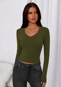PRETTYGARDEN Womens Long Sleeve T Shirts Fall Trendy Deep V Neck Slim Fit Basic Crop Tops Casual Going Out Top PRETTYGARDEN