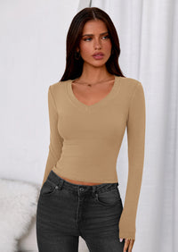 PRETTYGARDEN Womens Long Sleeve T Shirts Fall Trendy Deep V Neck Slim Fit Basic Crop Tops Casual Going Out Top PRETTYGARDEN