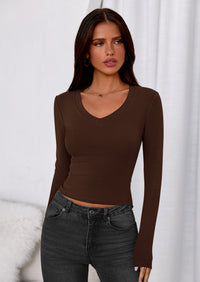 PRETTYGARDEN Womens Long Sleeve T Shirts Fall Trendy Deep V Neck Slim Fit Basic Crop Tops Casual Going Out Top PRETTYGARDEN