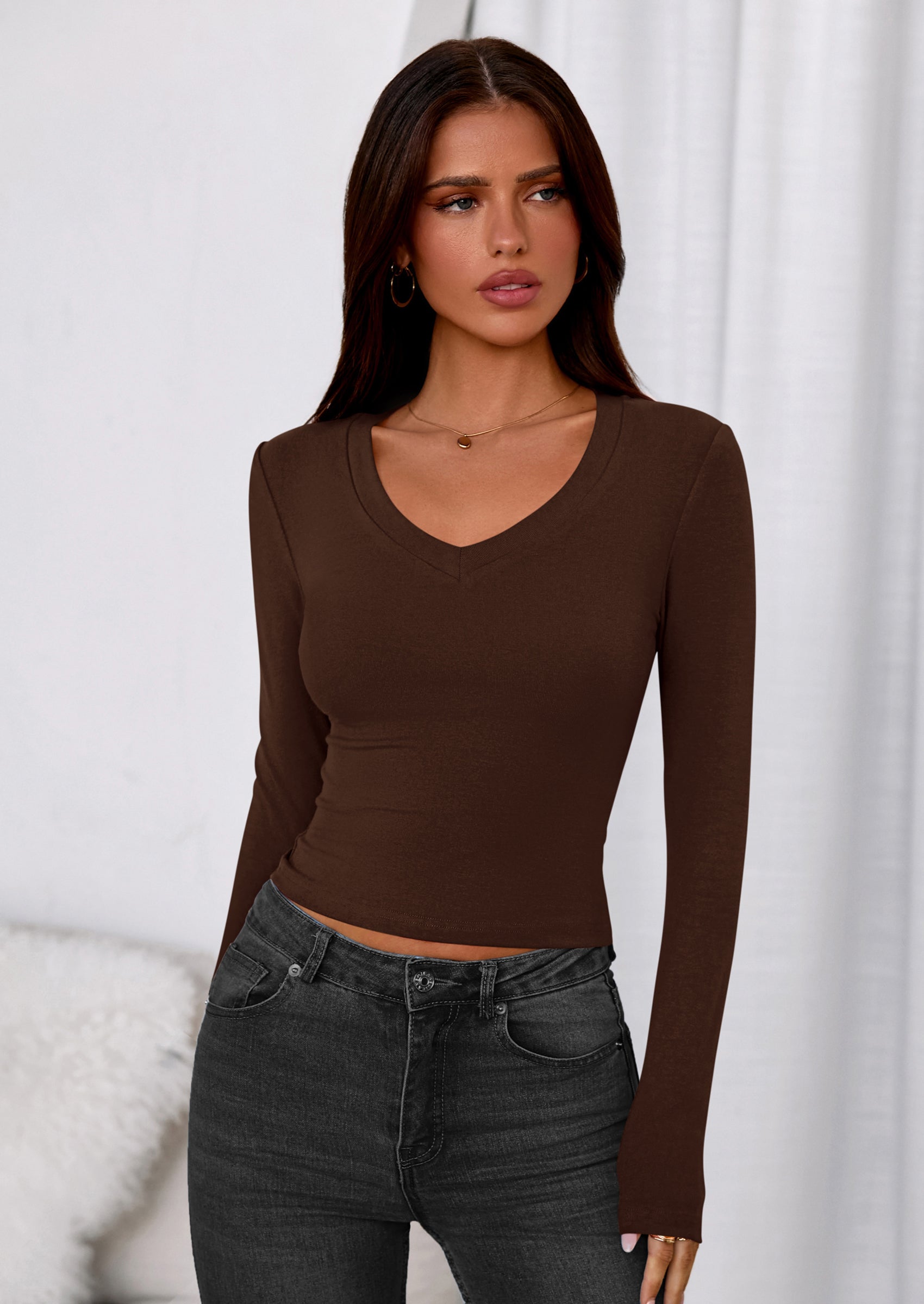 PRETTYGARDEN Womens Long Sleeve T Shirts Fall Trendy Deep V Neck Slim Fit Basic Crop Tops Casual Going Out Top PRETTYGARDEN