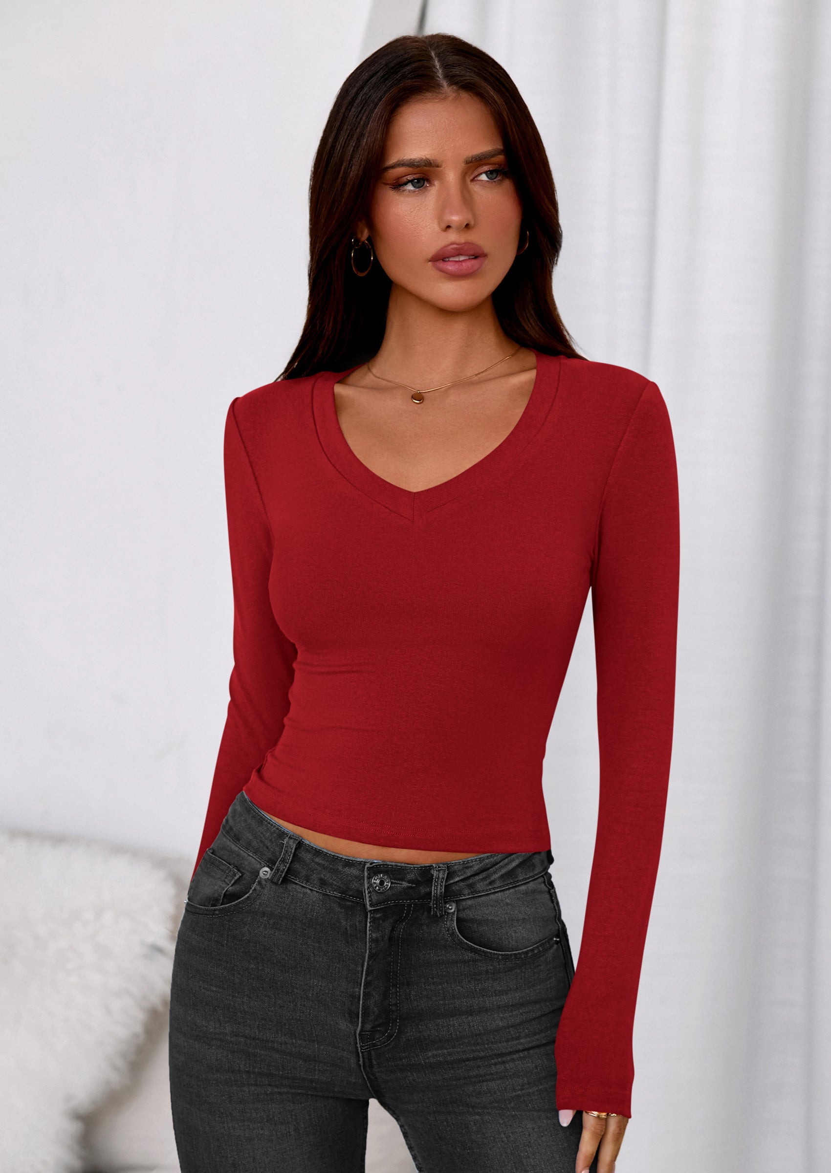 PRETTYGARDEN Womens Long Sleeve T Shirts Fall Trendy Deep V Neck Slim Fit Basic Crop Tops Casual Going Out Top PRETTYGARDEN