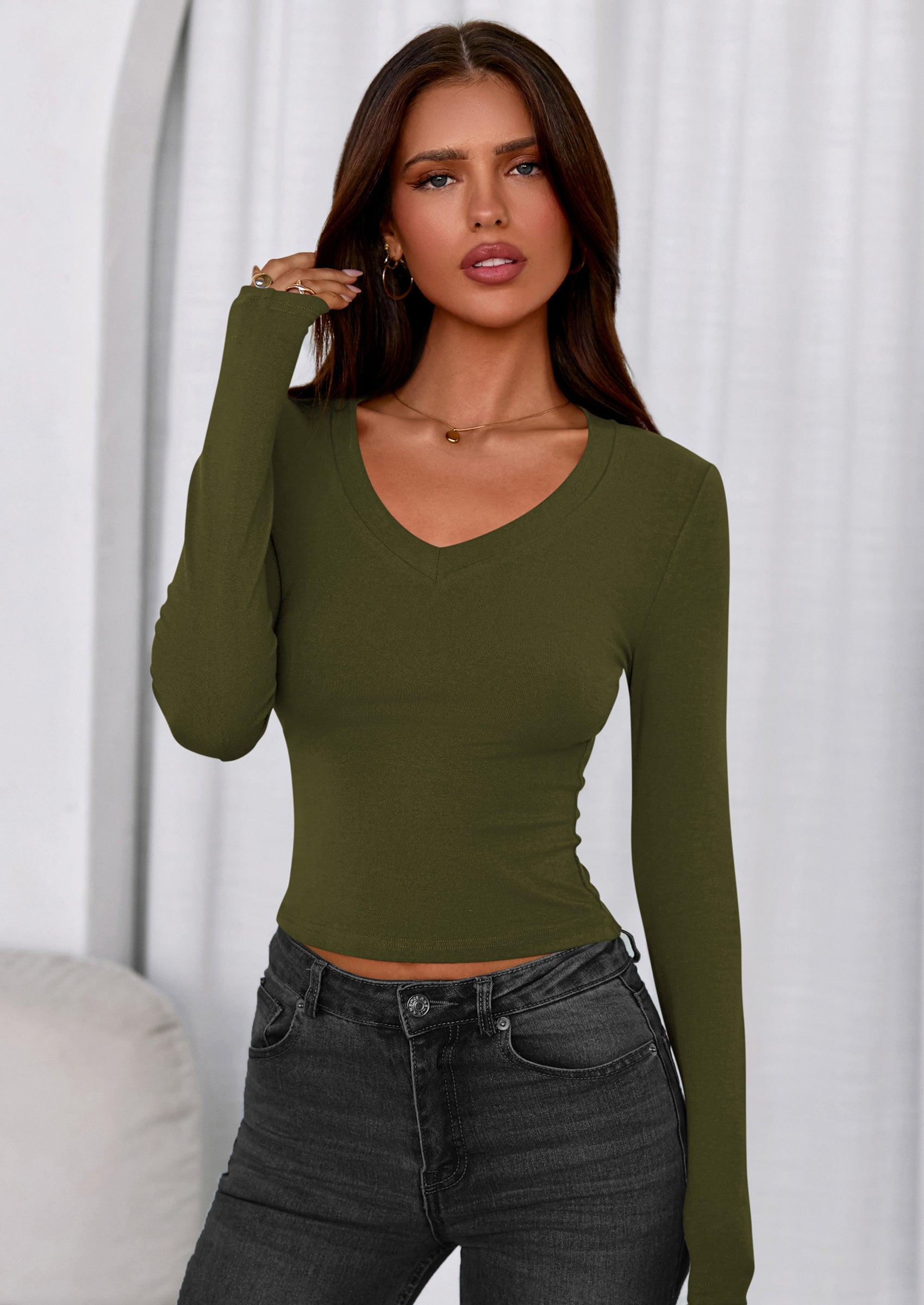 PRETTYGARDEN Womens Long Sleeve T Shirts Fall Trendy Deep V Neck Slim Fit Basic Crop Tops Casual Going Out Top PRETTYGARDEN