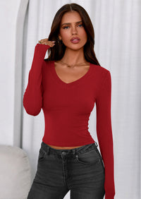 PRETTYGARDEN Womens Long Sleeve T Shirts Fall Trendy Deep V Neck Slim Fit Basic Crop Tops Casual Going Out Top PRETTYGARDEN