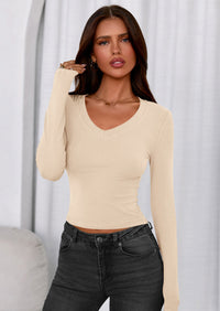 PRETTYGARDEN Womens Long Sleeve T Shirts Fall Trendy Deep V Neck Slim Fit Basic Crop Tops Casual Going Out Top PRETTYGARDEN