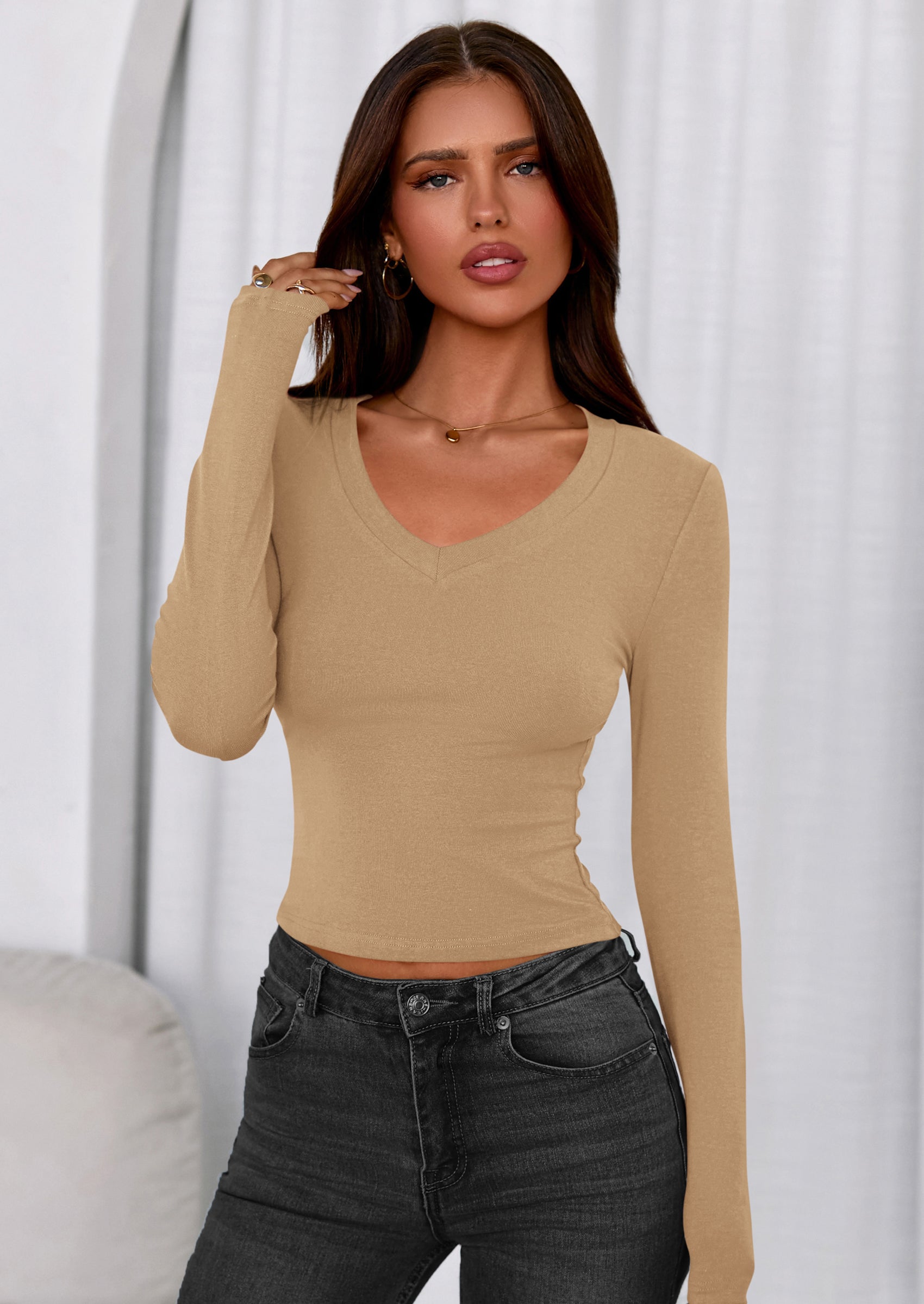 PRETTYGARDEN Womens Long Sleeve T Shirts Fall Trendy Deep V Neck Slim Fit Basic Crop Tops Casual Going Out Top PRETTYGARDEN