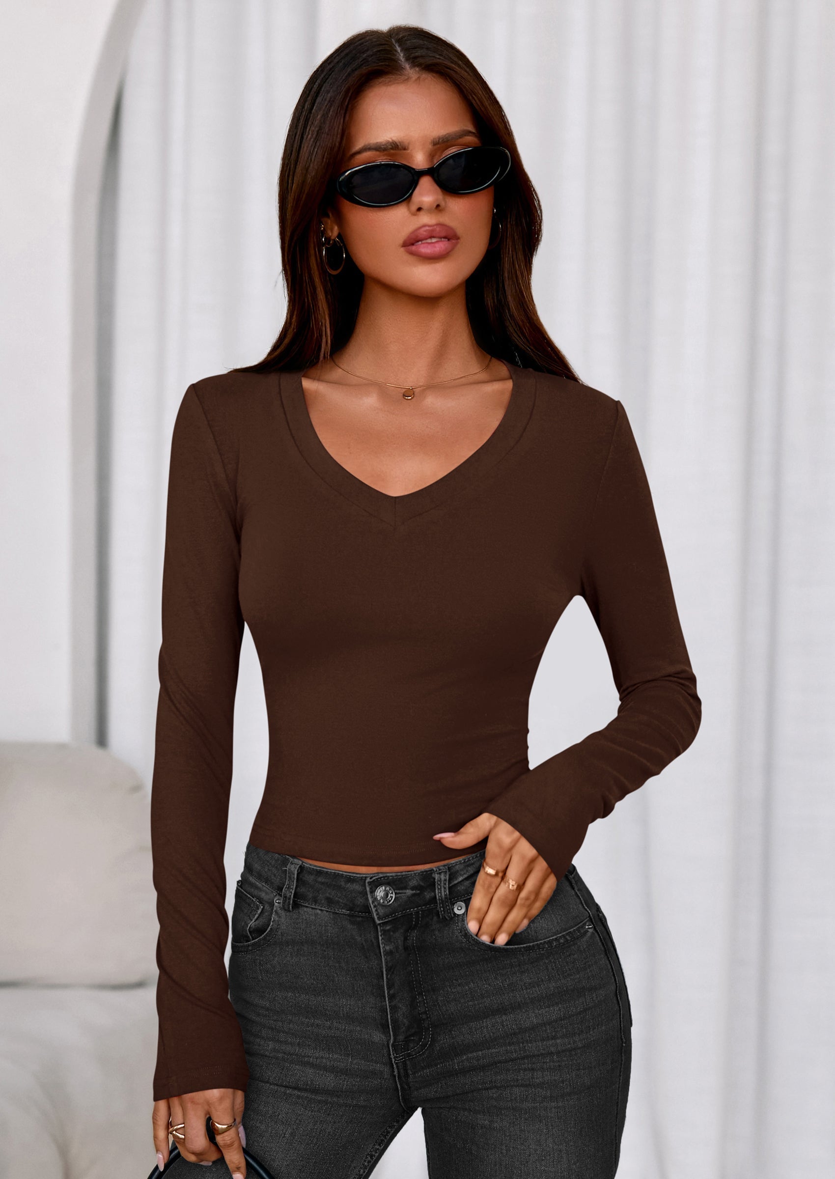 PRETTYGARDEN Womens Long Sleeve T Shirts Fall Trendy Deep V Neck Slim Fit Basic Crop Tops Casual Going Out Top PRETTYGARDEN