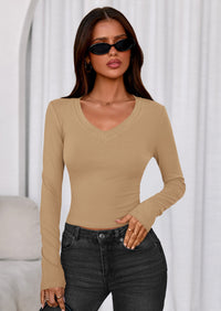 PRETTYGARDEN Womens Long Sleeve T Shirts Fall Trendy Deep V Neck Slim Fit Basic Crop Tops Casual Going Out Top PRETTYGARDEN