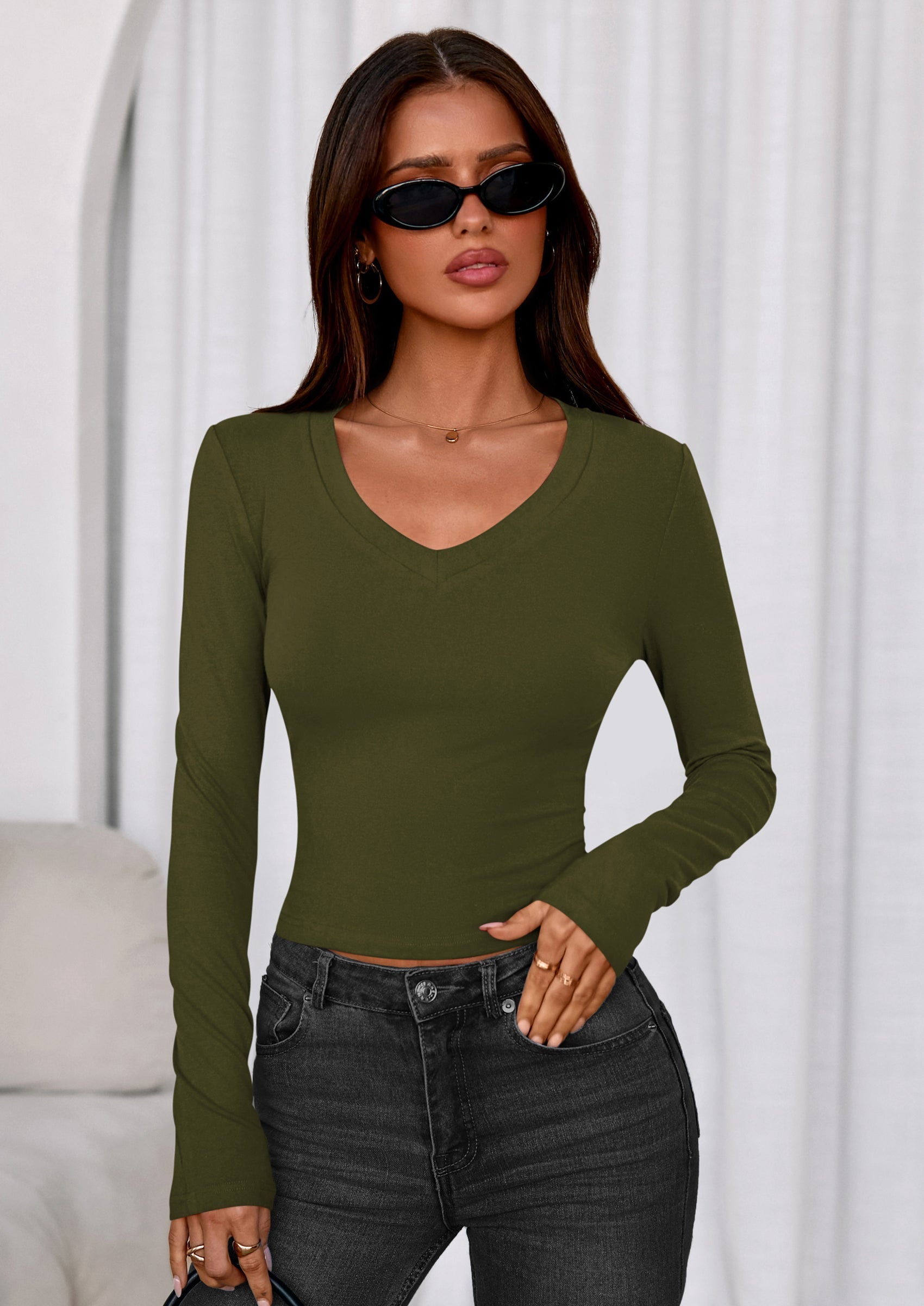 PRETTYGARDEN Womens Long Sleeve T Shirts Fall Trendy Deep V Neck Slim Fit Basic Crop Tops Casual Going Out Top PRETTYGARDEN