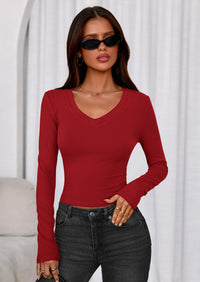 PRETTYGARDEN Womens Long Sleeve T Shirts Fall Trendy Deep V Neck Slim Fit Basic Crop Tops Casual Going Out Top PRETTYGARDEN