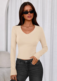 PRETTYGARDEN Womens Long Sleeve T Shirts Fall Trendy Deep V Neck Slim Fit Basic Crop Tops Casual Going Out Top PRETTYGARDEN