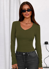 PRETTYGARDEN Womens Long Sleeve T Shirts Fall Trendy Deep V Neck Slim Fit Basic Crop Tops Casual Going Out Top PRETTYGARDEN
