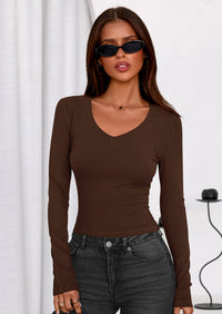 PRETTYGARDEN Womens Long Sleeve T Shirts Fall Trendy Deep V Neck Slim Fit Basic Crop Tops Casual Going Out Top PRETTYGARDEN