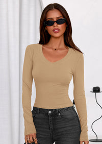 PRETTYGARDEN Womens Long Sleeve T Shirts Fall Trendy Deep V Neck Slim Fit Basic Crop Tops Casual Going Out Top PRETTYGARDEN