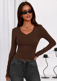 PRETTYGARDEN Womens Long Sleeve T Shirts Fall Trendy Deep V Neck Slim Fit Basic Crop Tops Casual Going Out Top PRETTYGARDEN