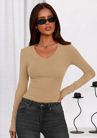 PRETTYGARDEN Womens Long Sleeve T Shirts Fall Trendy Deep V Neck Slim Fit Basic Crop Tops Casual Going Out Top PRETTYGARDEN