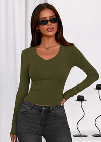 PRETTYGARDEN Womens Long Sleeve T Shirts Fall Trendy Deep V Neck Slim Fit Basic Crop Tops Casual Going Out Top PRETTYGARDEN