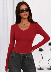 PRETTYGARDEN Womens Long Sleeve T Shirts Fall Trendy Deep V Neck Slim Fit Basic Crop Tops Casual Going Out Top PRETTYGARDEN