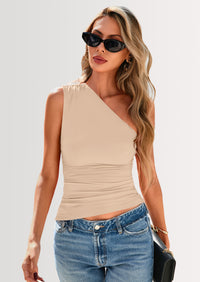 PRETTYGARDEN Womens Summer Y2K Tops Sleeveless One Shoulder Slim Fit Shirts Ruched Knit Asymmetrical Top Blouse