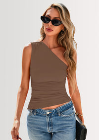 PRETTYGARDEN Womens Summer Y2K Tops Sleeveless One Shoulder Slim Fit Shirts Ruched Knit Asymmetrical Top Blouse