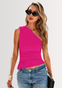 PRETTYGARDEN Womens Summer Y2K Tops Sleeveless One Shoulder Slim Fit Shirts Ruched Knit Asymmetrical Top Blouse